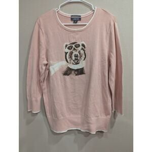 Pink aviator bear graphic knit sweater 100% supima cotton by Land's End size L